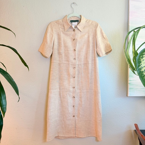 Harve Benard Dresses & Skirts - Harve Benard Linen Classic Vintage Preppy Minimalist Button Up Tan Shirt Dress M